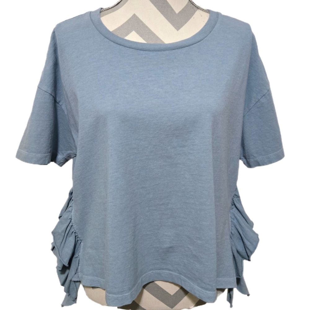 CURRENT/ELLIOTT Dusty Blue Short Sleeve Shirt Side Slits With Ruffles Size Small